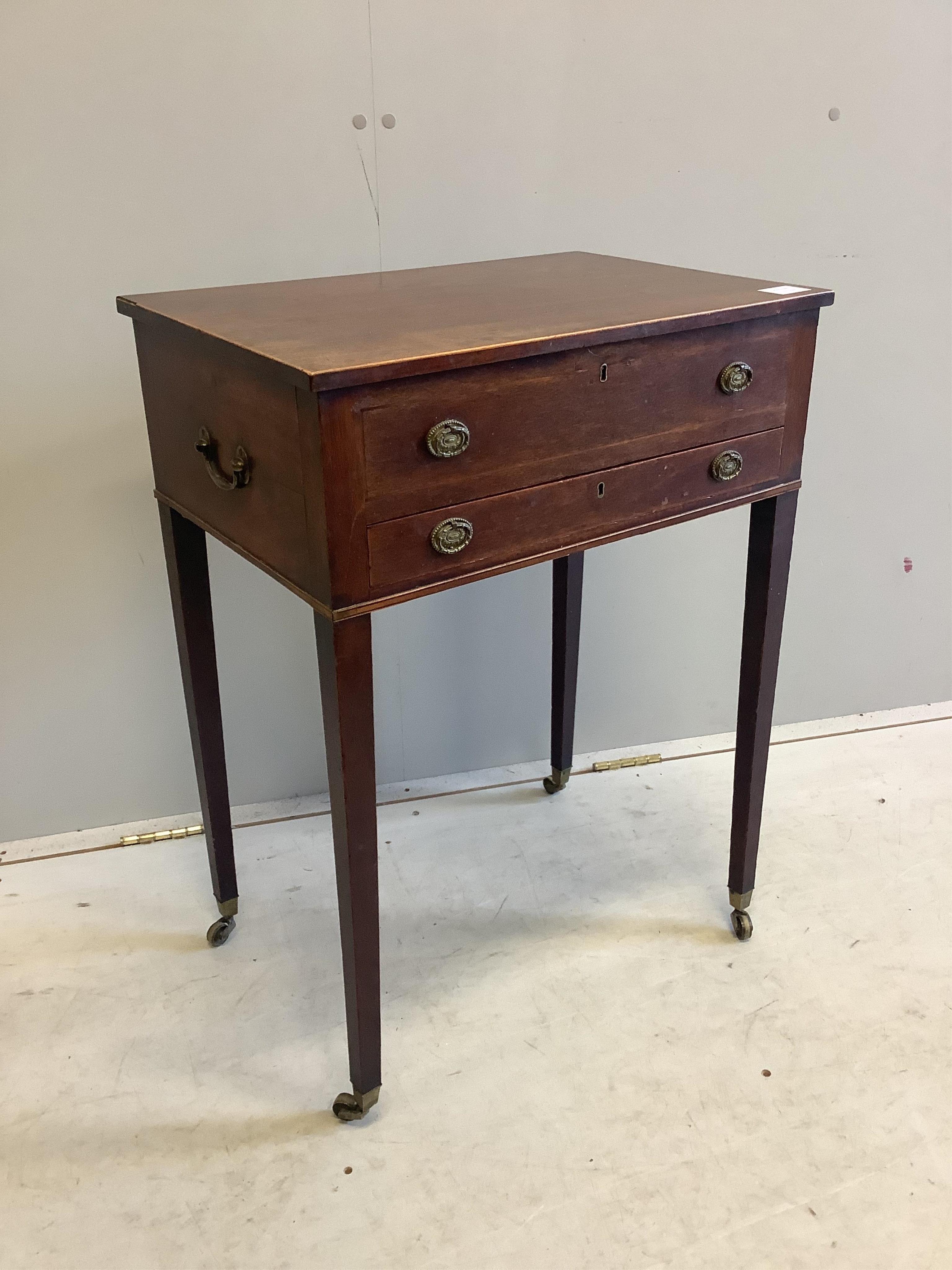 A George III mahogany hinged top work table, width 56cm, depth 38cm, height 75cm. Condition - fair